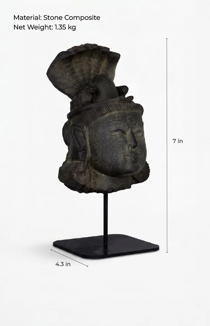 A stone composite Shiva Lingam with Nandi & Serpent replica shown from a three-quarter angle with measurement labels.