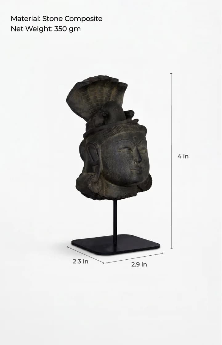 A three-quarter view of the Shiva Lingam with Nandi & Serpent replica, showing detailed stone composite texture and measurement guides.