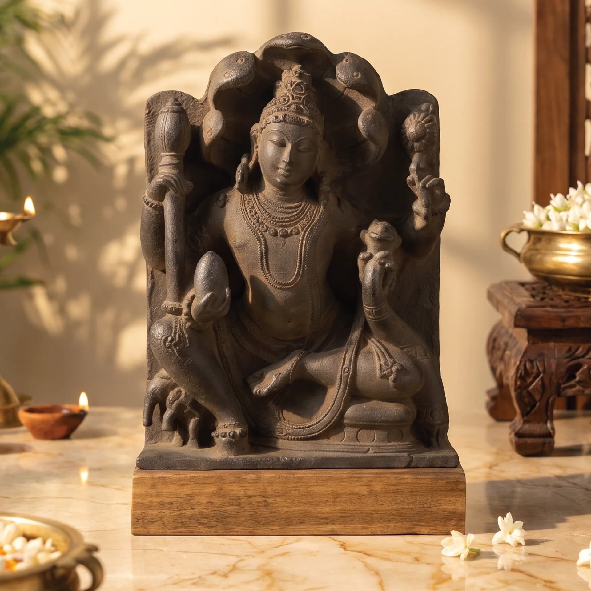 A front-facing view of the Dhan Kuber Statue for Home & Vastu, a hand-finished stone composite replica featuring intricate carvings.
