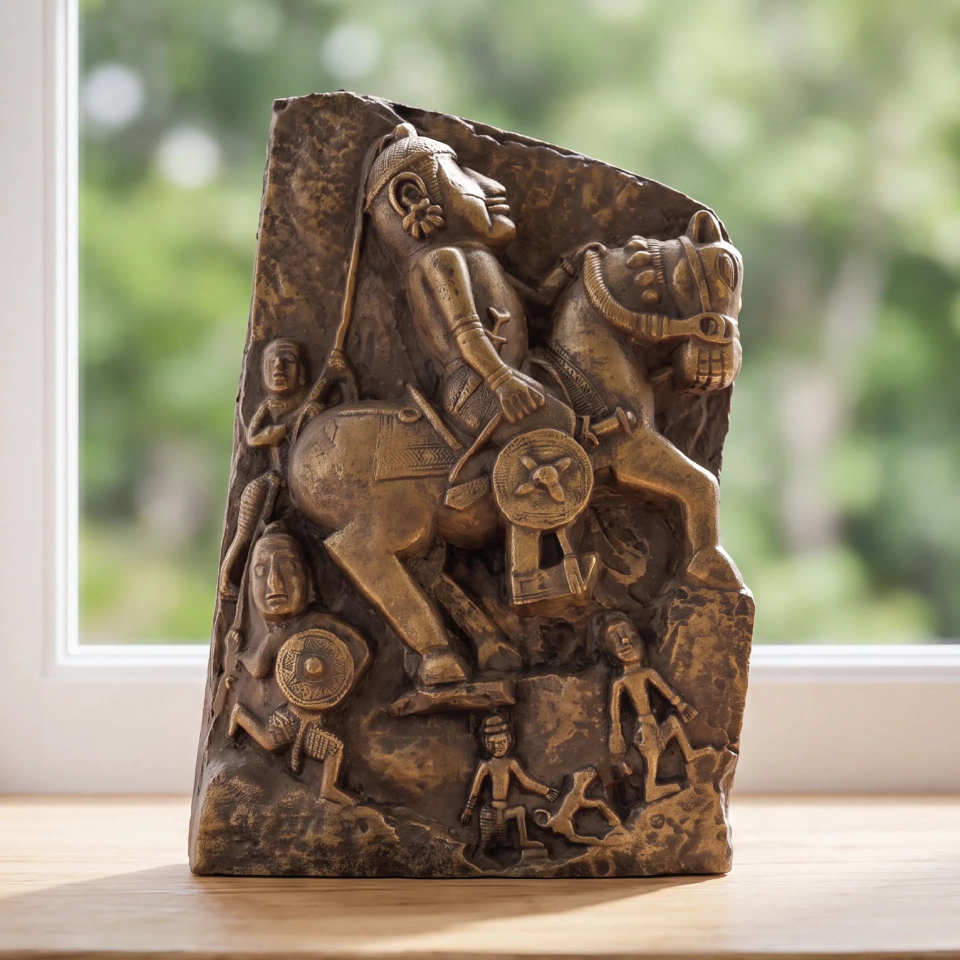 A Goud Yoddha Sculpture museum replica featuring a detailed stone-style relief of a Gond warrior on horseback.