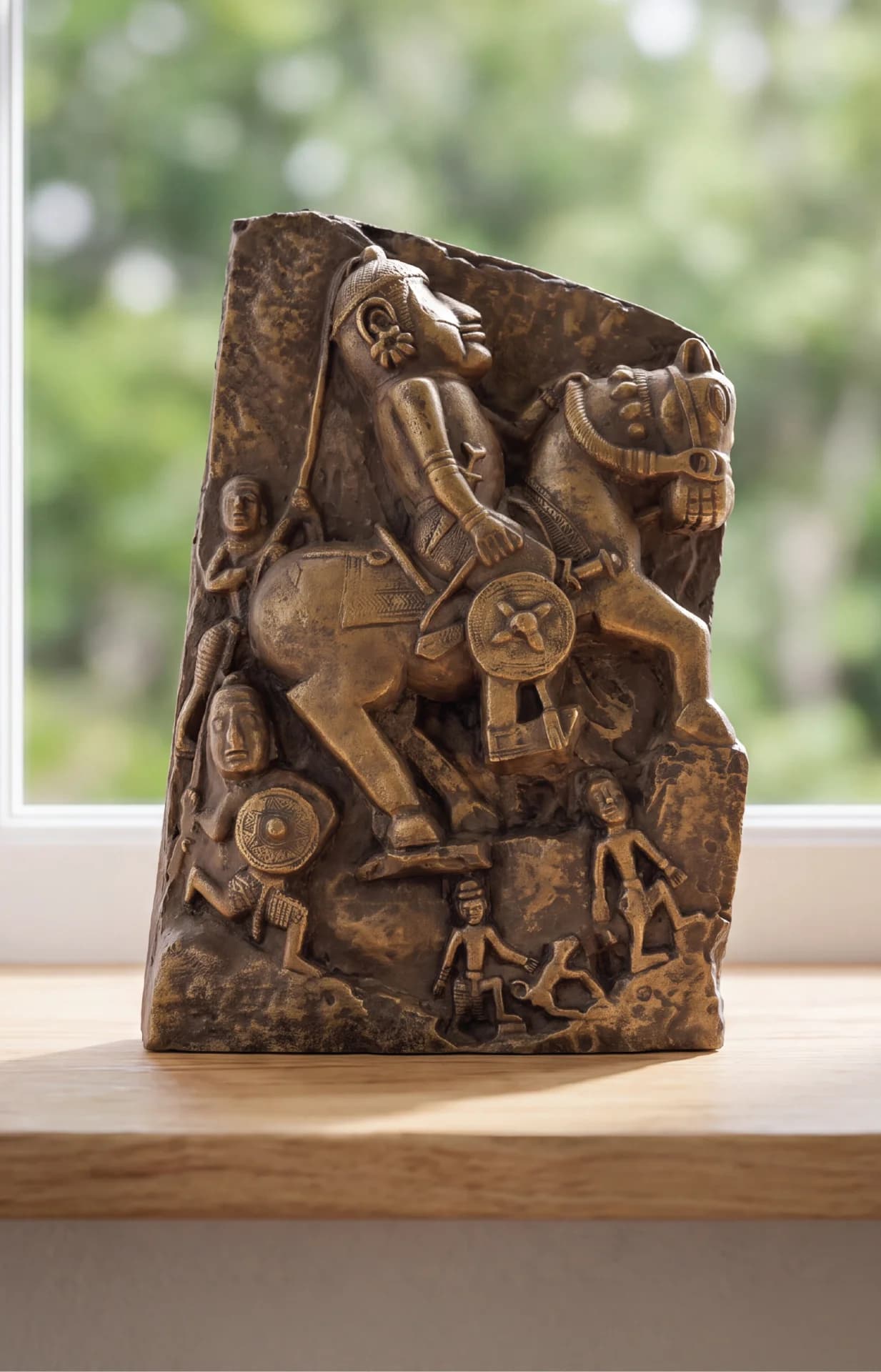 A Goud Yoddha Sculpture museum replica featuring a stone-textured relief of a Gond warrior on horseback with attendant figures.