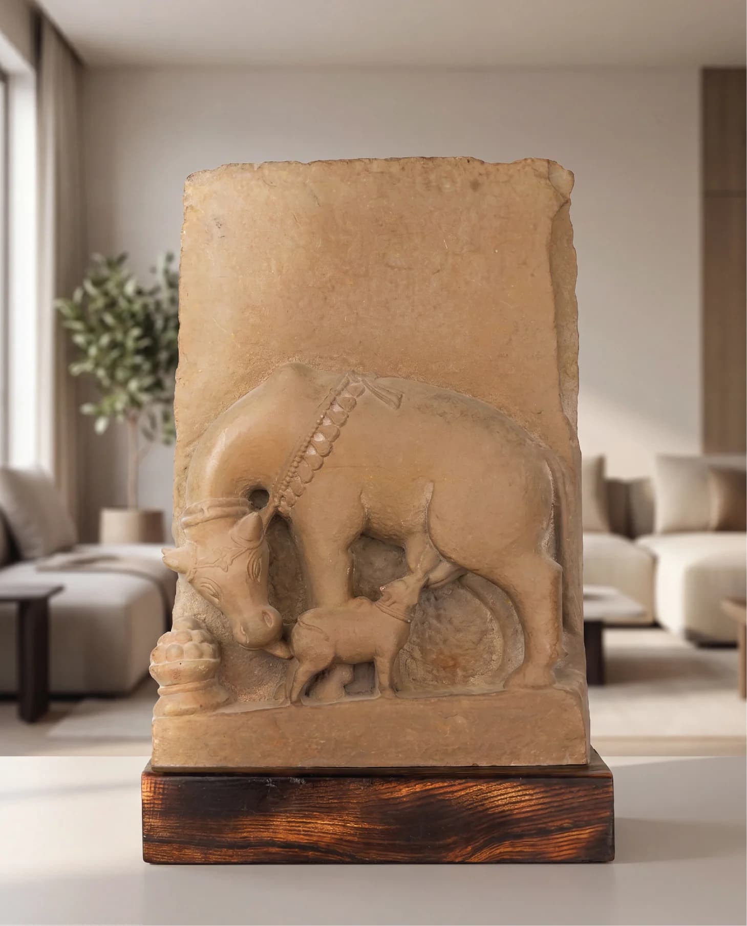 A front-view studio shot of the Kamdhenu Sculpture, a stone composite replica of the sacred wish-fulfilling cow nursing her calf.