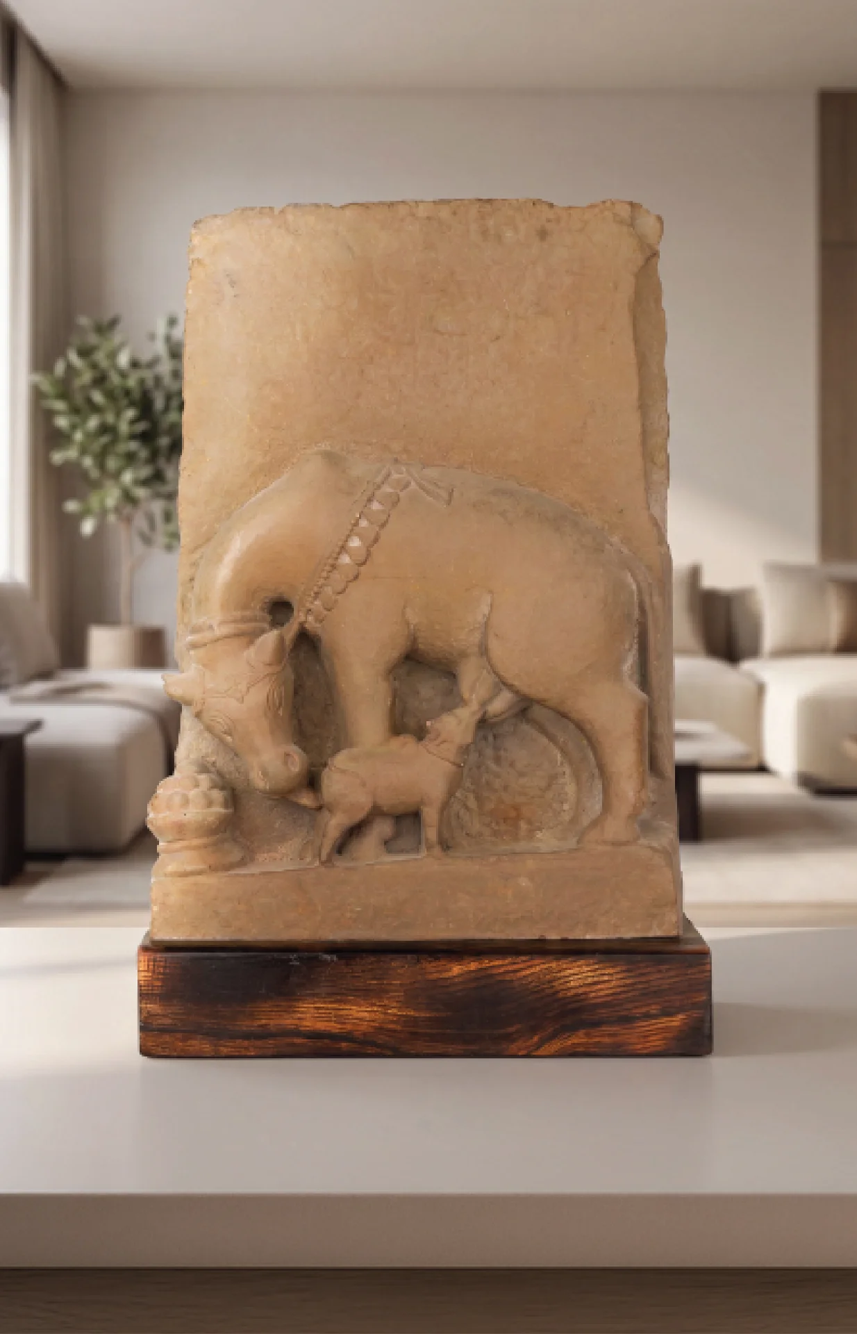 The Kamdhenu Sculpture, a hand-finished stone composite museum replica, displayed on a wooden base in a modern living room.