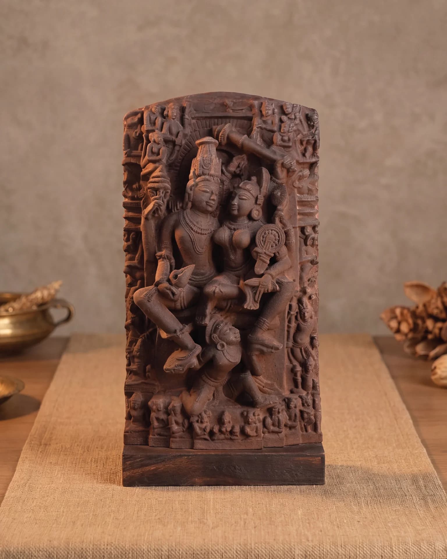 A front-facing view of the Lakshmi Narayan Sculpture, a hand-finished stone composite replica featuring detailed medieval Hindu iconography.