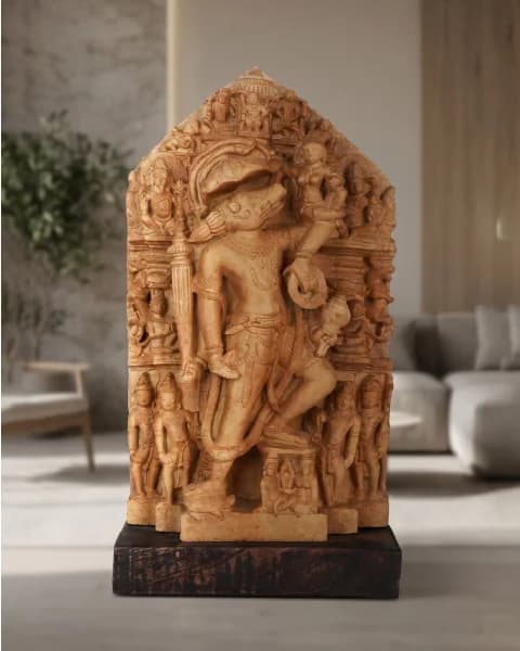 A full-front view of the Nar Varaha Sculpture, a detailed stone composite replica featuring intricate carvings of the man-boar deity.