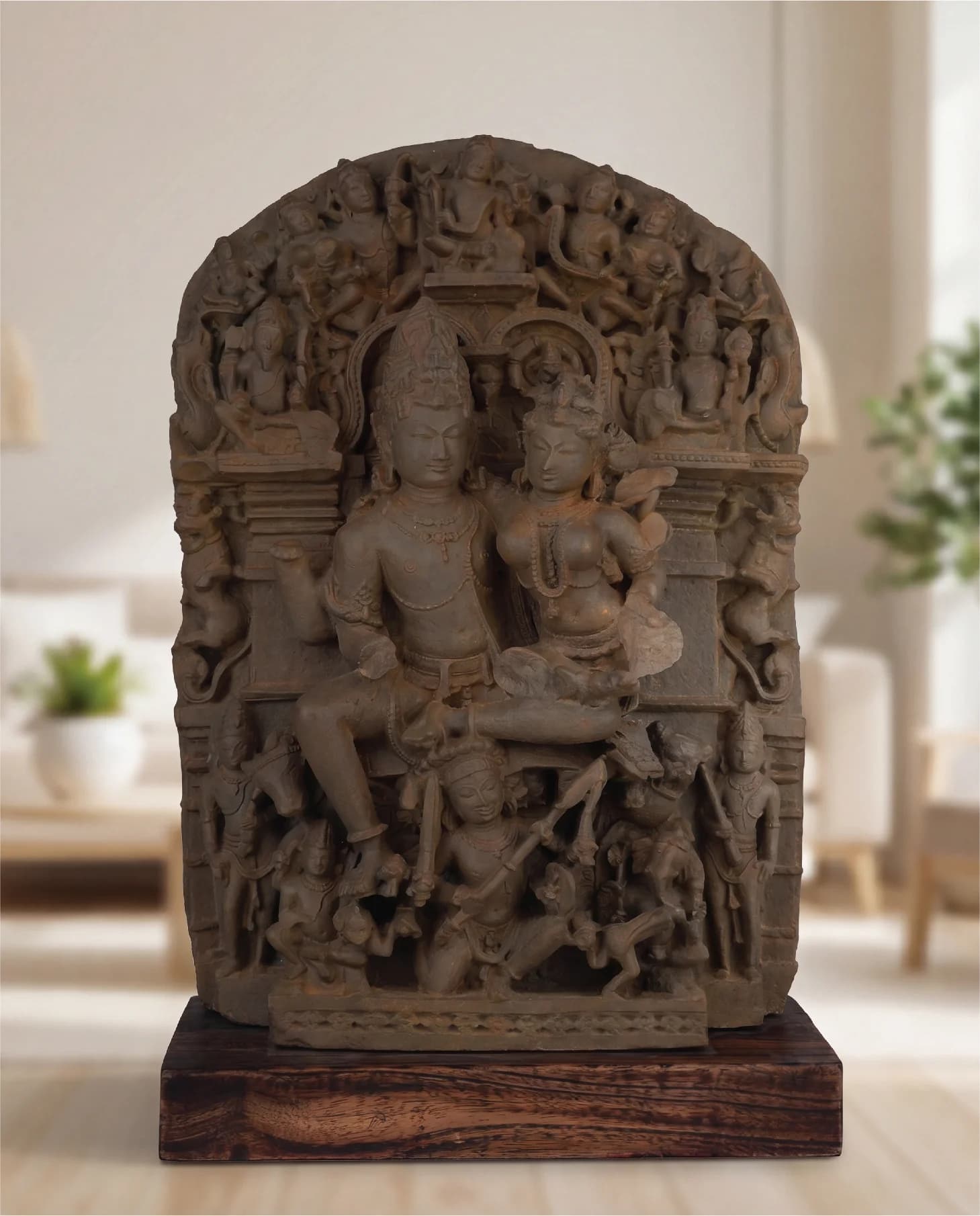 A full-front view of the Ravananugraha Sculpture, a stone composite museum replica showing Shiva and Parvati with intricate carvings.