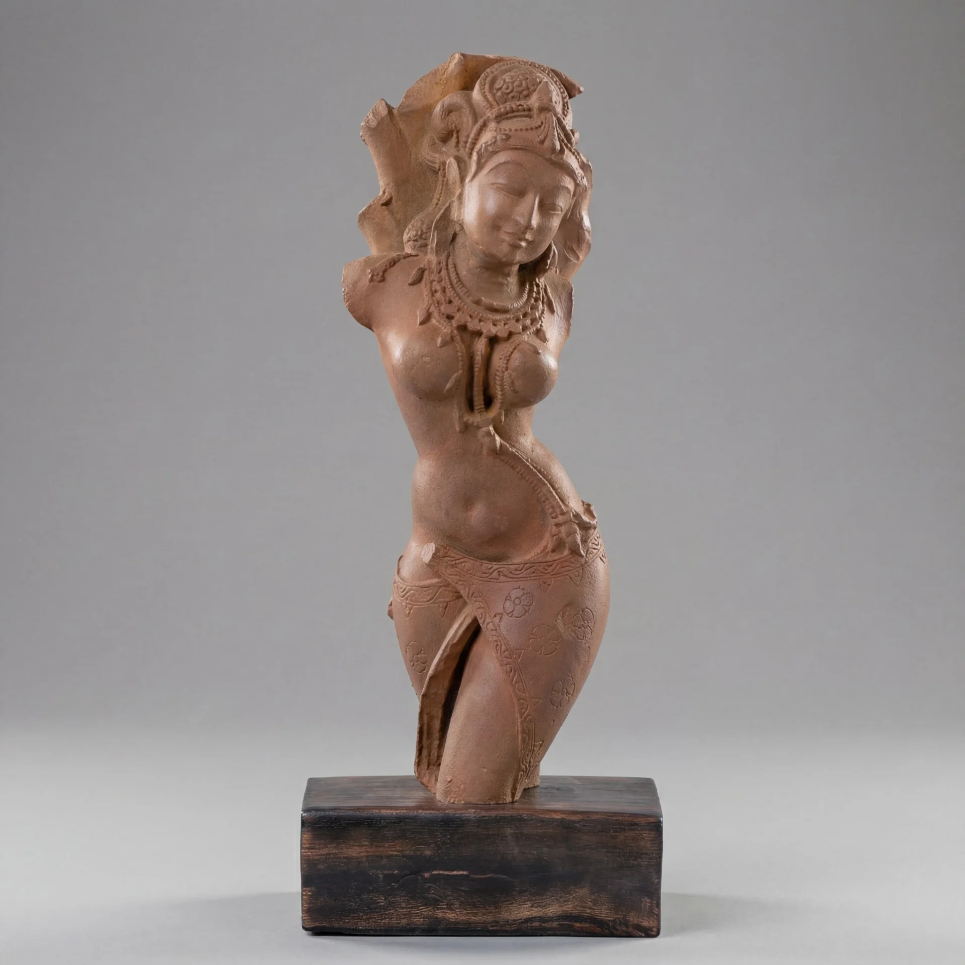 A front view of the Salabhanjika Sculpture, a stone composite replica showing a female figure in a graceful tribhanga pose.