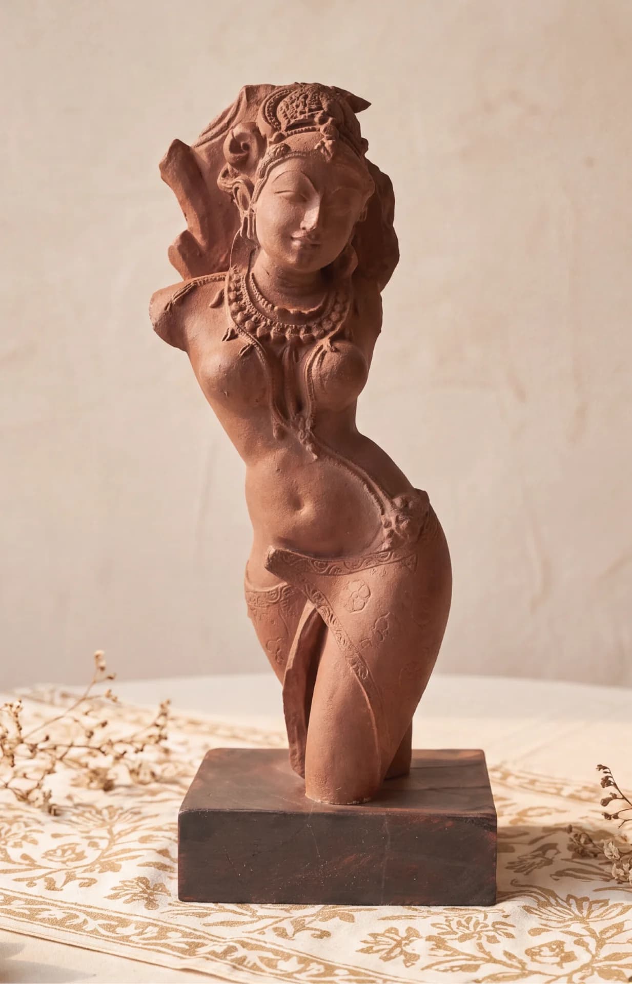A front view of the Salabhanjika Sculpture, a hand-finished stone composite figure standing in an elegant tribhanga pose.
