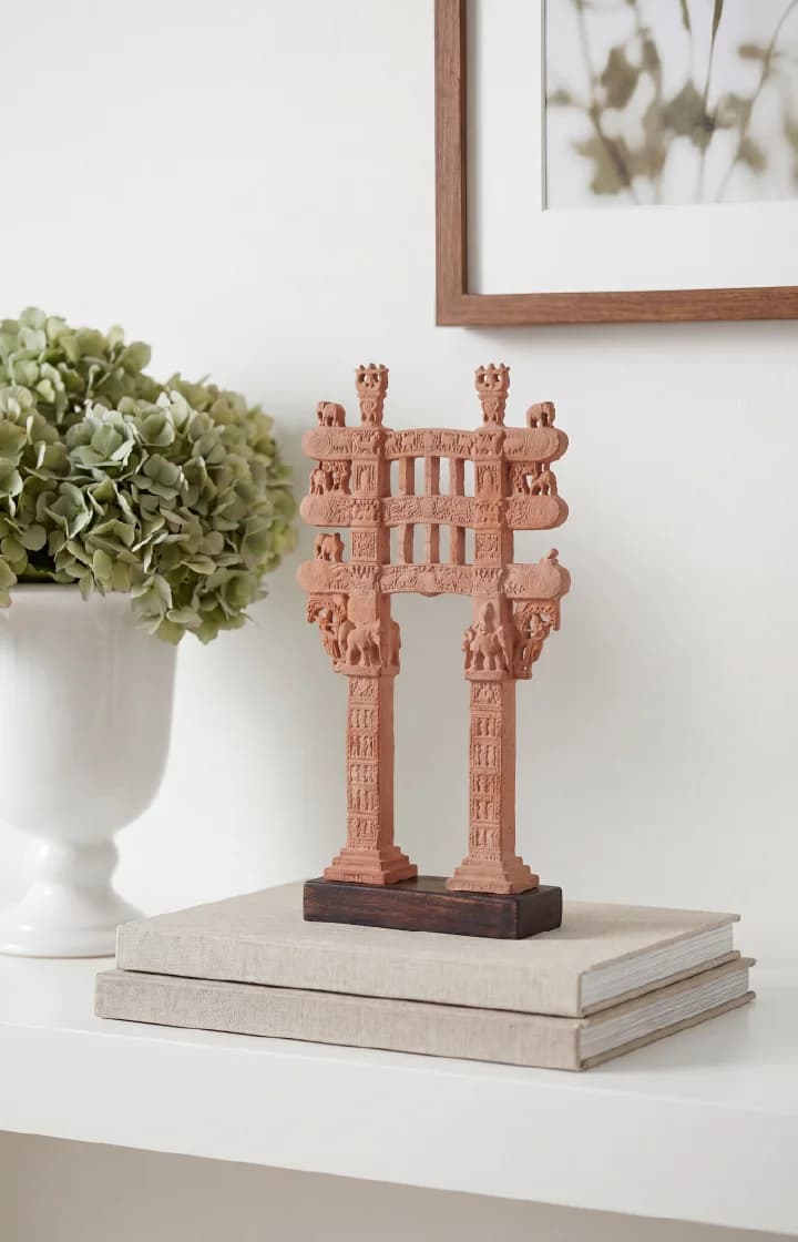 A Sanchi Torana Gateway Miniature displayed on stacked books, featuring intricate terracotta-style carvings of ancient Buddhist motifs.